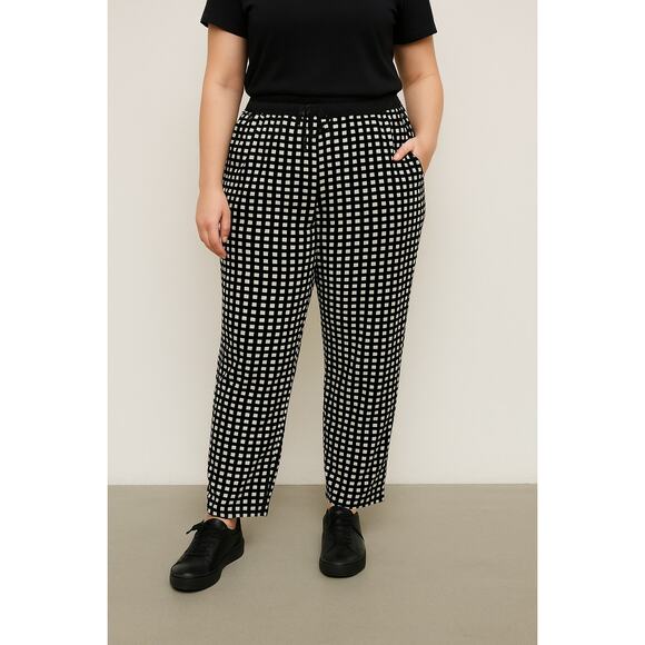 Olive & Oak Checkered Pants Size L Black Elastic Waist Silky Lightweight Chic - Picture 1 of 15
